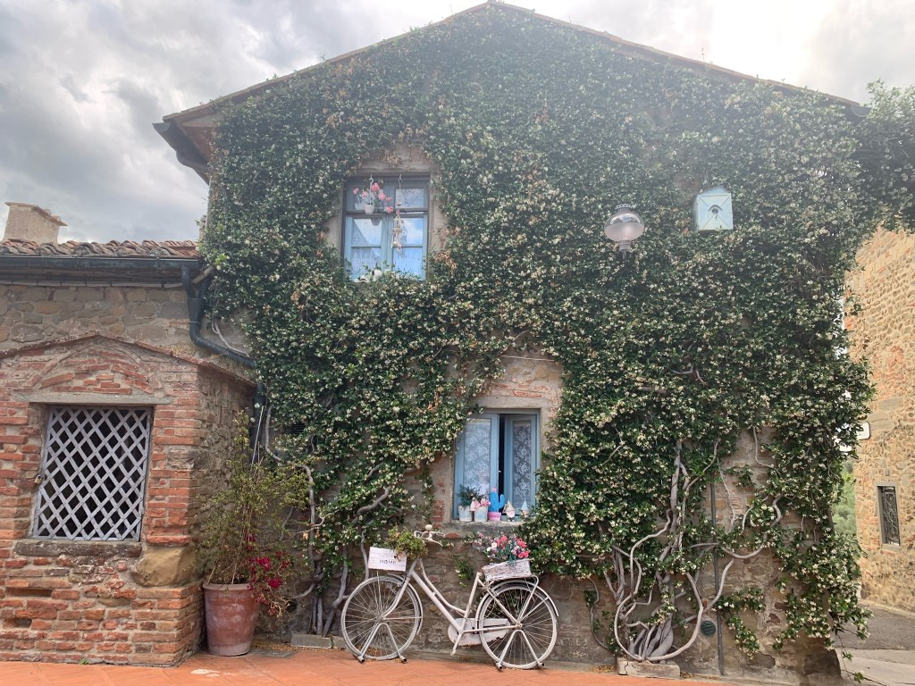 Angolo pittoresco di Vinci, in Toscana, con casa ricoperta d’edera. 