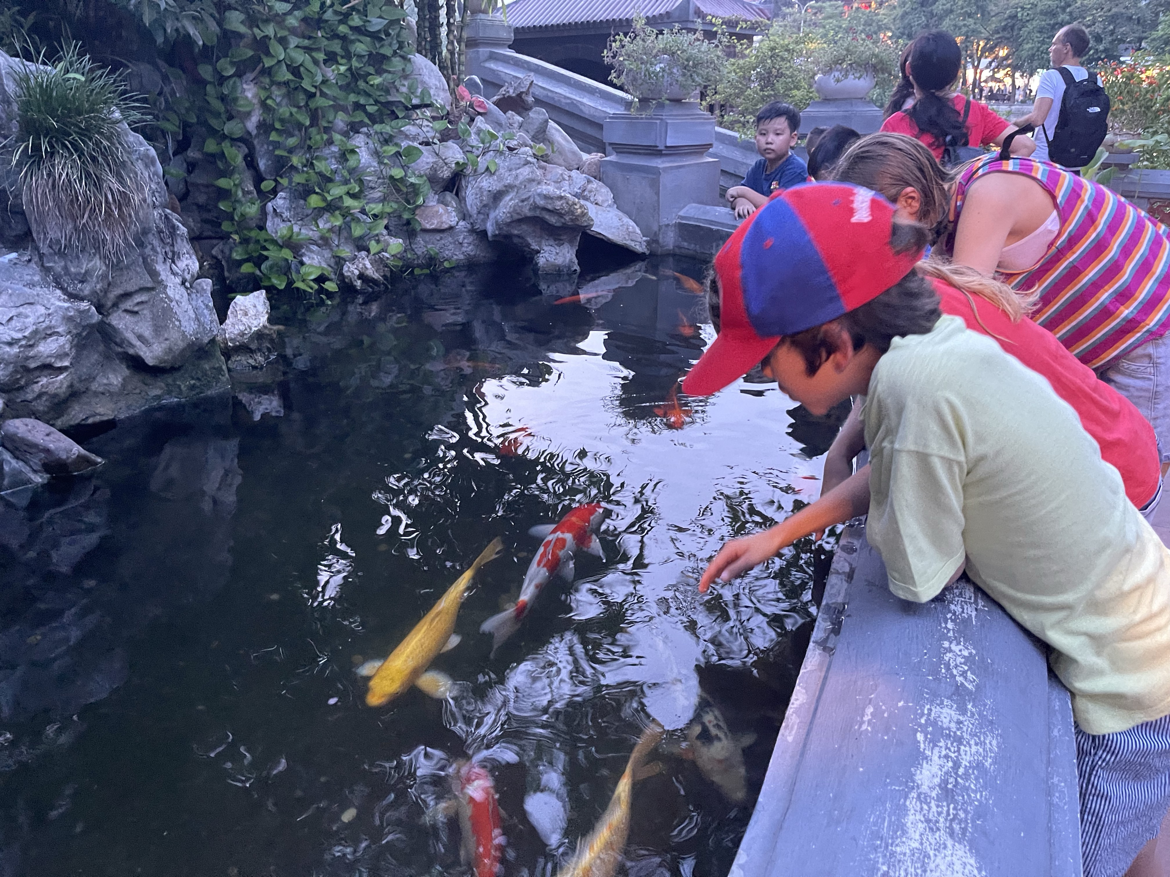 Bambini guardano delle carpe colorate fuori dal tempio Ngoc Son, Hanoi, Vietnam 
