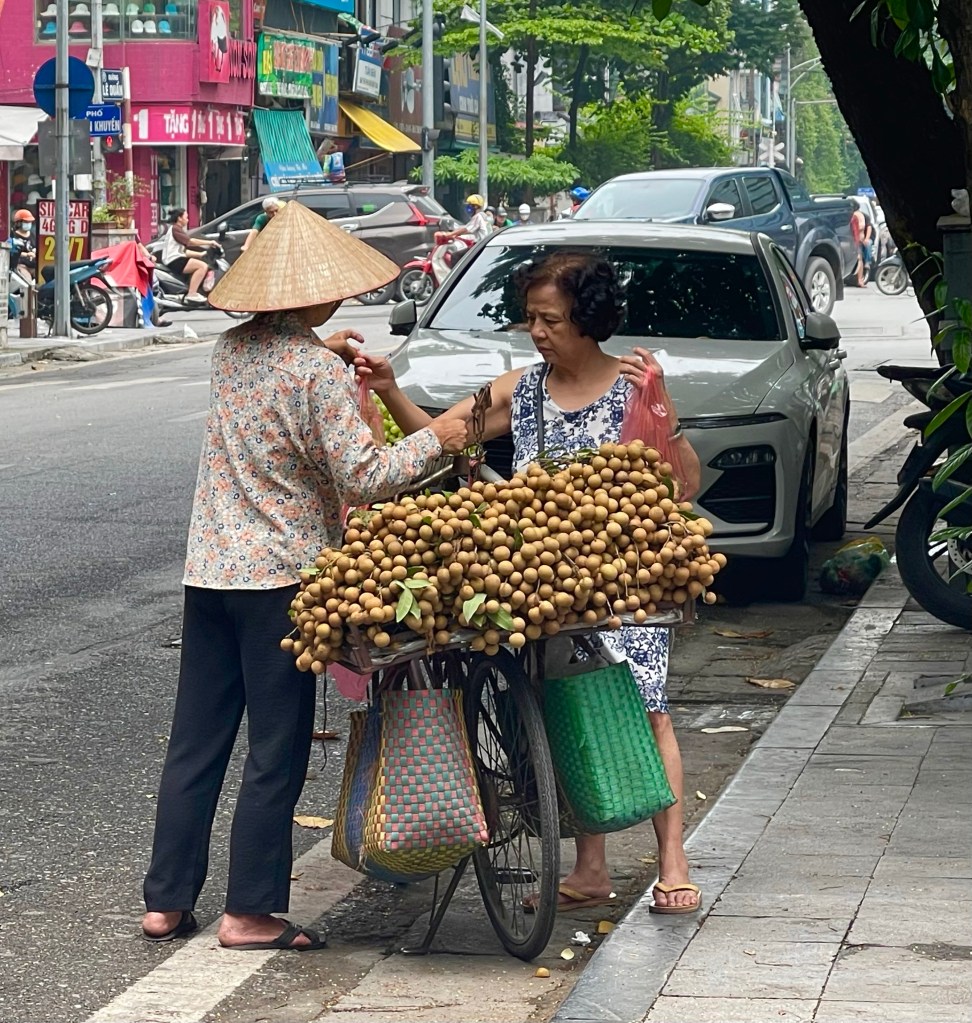 Venditore ambulante in una strada di Hanoi, frutta tropicale ad Hanoi
